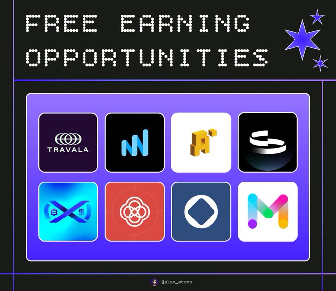 A purple graphic displays 'FREE EARNING OPPORTUNITIES' above a grid of eight cryptocurrency and Web3 platform logos including Travala, Near, and Magic Eden.