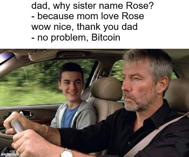 The image shows a meme featuring a father driving with his smiling teenage son, paired with a humorous conversation where the son asks why his sister is named Rose, the dad explains "because mom love Rose," and the son thanks him, only for the dad to cryptically respond "no problem, Bitcoin." The caption "I'm naming my kid Litecoin" plays on the joke by suggesting a similar crypto-themed naming logic, implying the father secretly invested in Bitcoin at Rose's birth (perhaps when it was cheap) and is now passing that crypto legacy tradition to his next child.