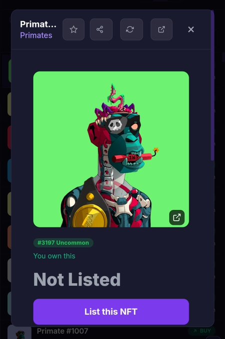 An NFT marketplace listing for 'Primates' shows token #3197 Uncommon featuring a zombie-like ape character with a green background, marked as 'Not Listed' with a 'List this NFT' button.