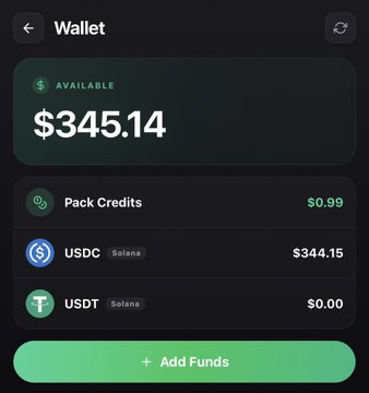 A mobile wallet screen displays an available balance of **$345.14**, with holdings of **$344.15 in USDC** and **$0.00 in USDT**, alongside an option to buy Pack Credits for $0.99—aligning with the celebratory post about a second successful withdrawal from Phygitals.