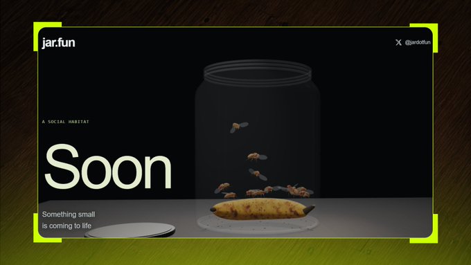 A promotional teaser image with text 'jar.fun', 'A SOCIAL HABITAT', 'Soon', and 'Something small is coming to life' displayed alongside a glass jar containing bees and a banana.