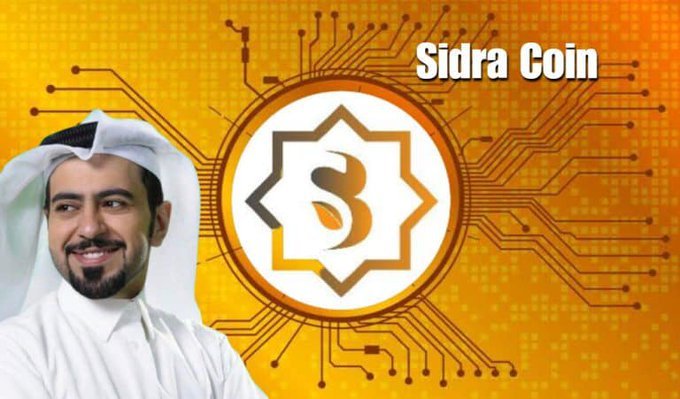 A man in traditional Arab attire stands beside a digital graphic featuring the Sidra Coin logo on an orange circuit-board background.