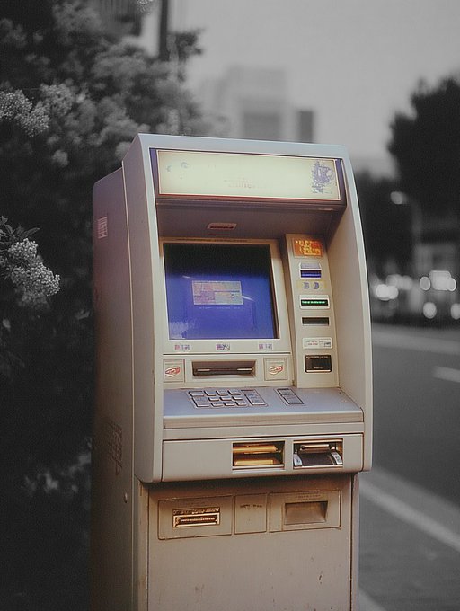 An older-style ATM stands on a city street with some faded text and numbers visible on its worn interface, including partial Chinese characters near the card slots. The image evokes nostalgia for cash-based banking before mobile payments made these machines largely obsolete, prompting reflection on their once-essential role and the service fees that often went unnoticed.