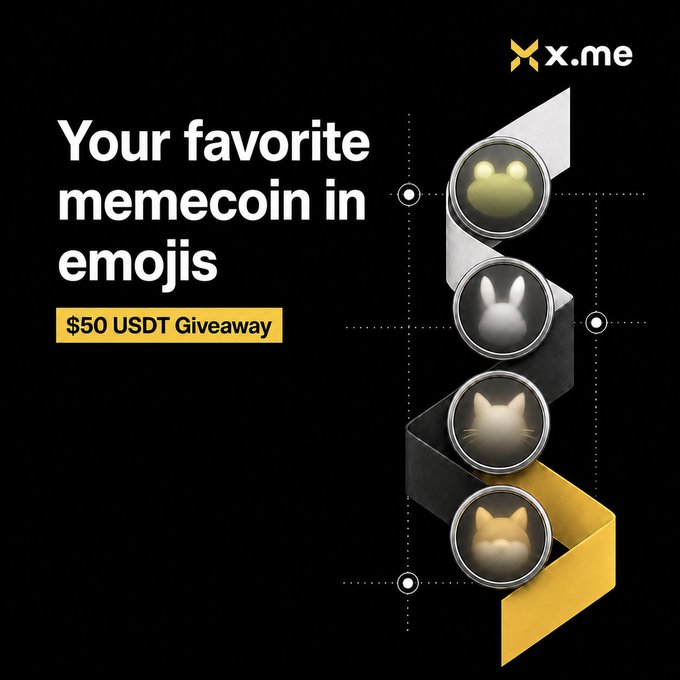 A black promotional graphic for 'x.me' features the text 'Your favorite memecoin in emojis' and '$50 USDT Giveaway' alongside animal-themed coin icons connected by dotted lines.
