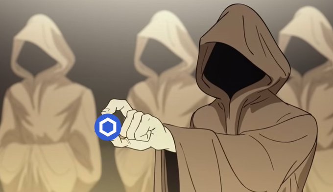 A hooded figure holds up a blue hexagon-shaped Chainlink (LINK) coin, flanked by similarly hooded figures in the background, symbolizing a secretive crypto endorsement. The imagery ties into the post's bullish sentiment toward LINK, framing the coin as an irresistible opportunity.
