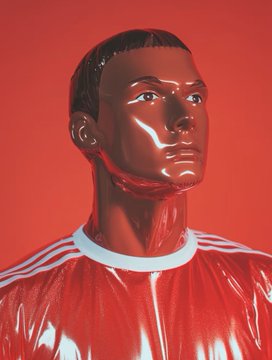 A glossy 3D rendered portrait of a young Black male athlete wearing a red and white striped sports jersey against a vibrant red background.