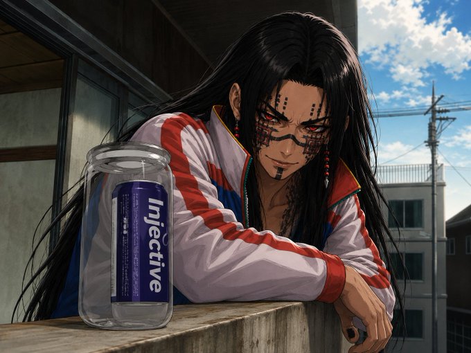 Anime-style illustration of a long-haired character with facial markings holding an 'Injective' branded container against an urban backdrop.