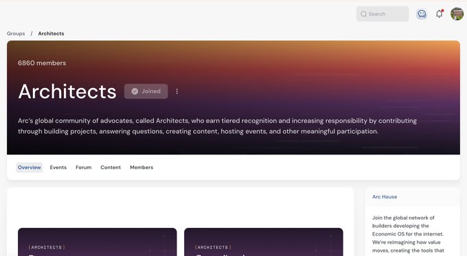 A screenshot of the 'Architects' group page on a community platform, showing 6860 members, with the user marked as 'Joined'. The description mentions Arc's global community of advocates contributing through projects and events.