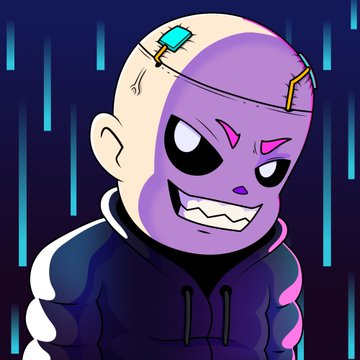 A cartoon-style character with purple skin, exposed brain circuitry, a menacing grin, and a dark hoodie against a blue streaked background.