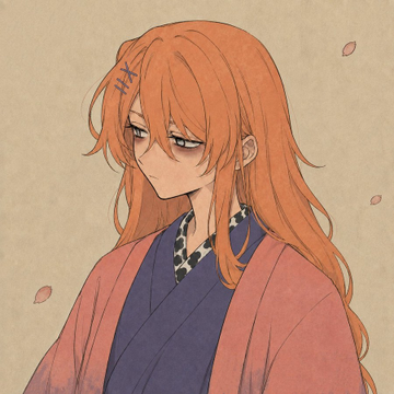 An anime-style illustration of a character with long orange hair wearing a blue kimono with stars and an orange outer robe, with flower petals floating in the background.
