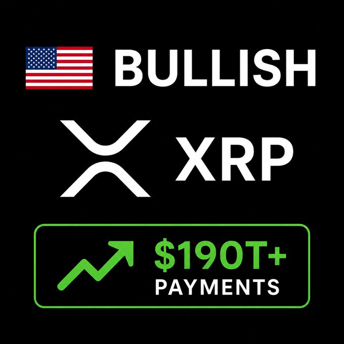 A bullish graphic featuring the American flag, the word "BULLISH," the XRP logo with ticker, and a green upward arrow beside "$190T+ PAYMENTS," visually reinforcing the post's claim about XRP's potential significant role in the massive $190 trillion global payments market.