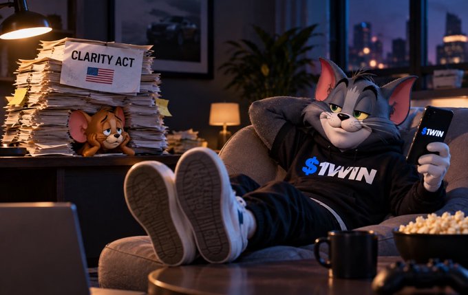 A 3D-rendered Tom cat wearing a black '$1WIN' hoodie lounges in a chair using a phone, with a stack of papers labeled 'CLARITY ACT' and a small Jerry mouse nearby.