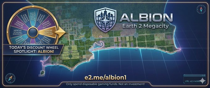 The image features an advertisement for a video game called "Albion Earth 2 MegaCity". The advertisement includes a map of the game's world, which is blue with green areas representing different regions within the game. A large arrow on the map points towards the center and reads "Today discount wheel! Albion is on the discount wheel today!". The text in the image also mentions that Nizza GameZ is not affiliated with the Megacity and that it is a good guy who created the game.