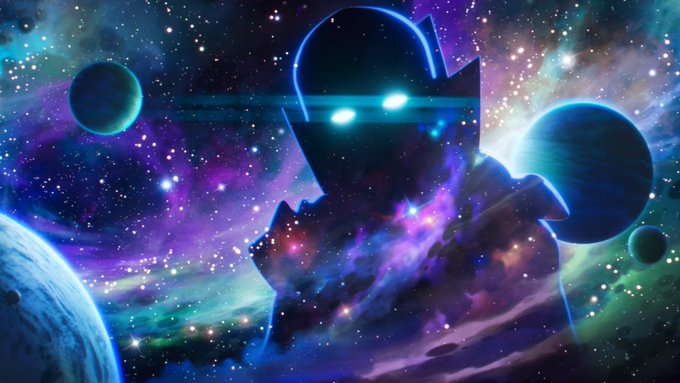 A vibrant space-themed illustration features a silhouetted robotic figure with glowing cyan eyes set against a colorful nebula and surrounding planets.