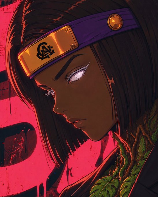 An anime-style illustration shows a dark-skinned character with white eyes wearing a purple headband with a gold plate, set against a red background.