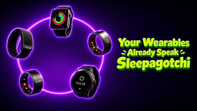A promotional graphic titled 'Your Wearables Already Speak Sleepagotchi' displaying four smart ring devices (including WHOOP, PULSE, and Oura) against a neon purple background.