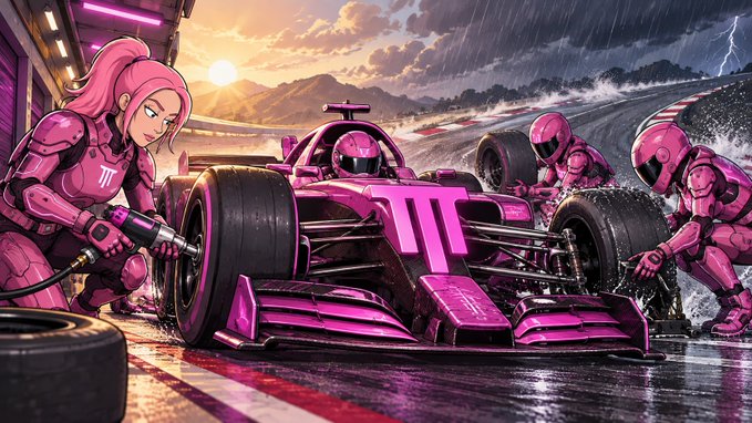 Stylized illustration of a pink-themed Formula 1 race car during a pit stop, with a pink-haired woman servicing the front tire and other crew members working on the vehicle against a dramatic sunset and stormy backdrop.