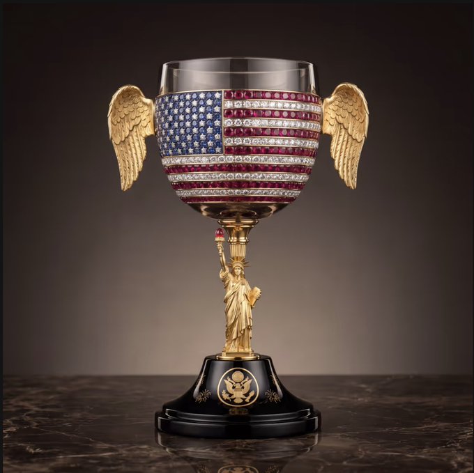 The image features a gold-colored cup with an American flag design, including red, white, and blue colors, as well as wings. The cup has a statue of liberty on top of it, which adds to its uniqueness. The cup is placed on a black base or stand, making it the central focus of the image. The post accompanying this image reads "Cool @opensea collectible. #WorldCup". This suggests that the cup might be an interesting and valuable collectible item related to American culture or history.