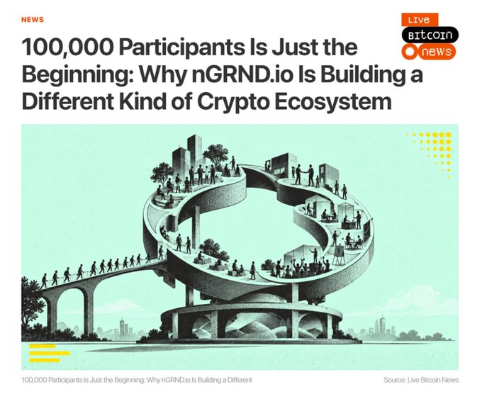 A news article from Live Bitcoin News headlined "100,000 Participants Is Just the Beginning: Why nGRND.io Is Building a Different Kind of Crypto Ecosystem" featuring a surreal illustration of an infinity symbol-shaped bridge connecting miniature buildings and crowds of people.