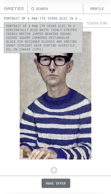 A screenshot of the Raster art app showing a "Portrait of a Man (75 Years Old)" with the expanded full title visible: "Portrait of a Man (75 Years Old) in a horizontally blue-white thinly-striped French Breton jumper wearing square square square cornered rectangular black rim designer glasses and greying short straight hair parting hairstyle, oil on canvas (1991)," demonstrating the new feature of accessing full artwork titles.