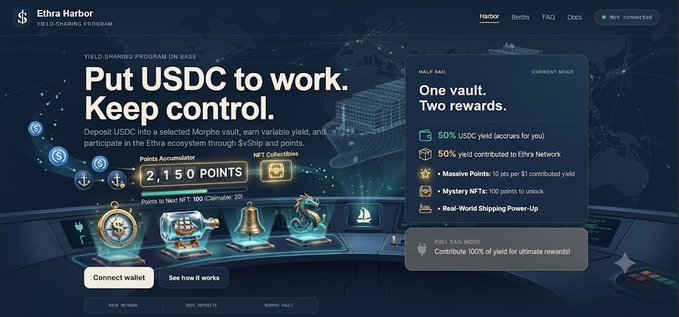 Screenshot of the Ethra Harbor 'Put USDC to work. Keep control' yield-sharing program webpage, advertising up to 50% USDC yield and 50% yield contributed to Ethra Network.