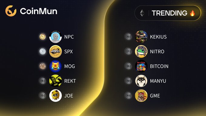 The image displays a "Trending" leaderboard from CoinMun ranking the top 10 cryptocurrencies, led by $NPC at #1, followed by $SPX, $MOG, $REKT, $JOE, $KEKIUS, $NITRO, $BITCOIN, $MANYU, and $GME—directly matching the post's list of trending Ethereum-based tokens and their associated Twitter handles.