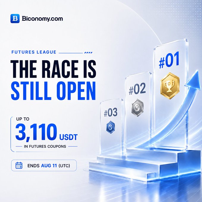 A promotional banner for Blconomy.com's Futures League with the headline 'THE RACE IS STILL OPEN', offering up to 3,110 USDT in futures coupons, ending August 11 (UTC).