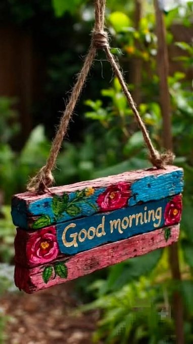A wooden hanging sign painted with blue and pink hues, decorated with roses, reads 'Good morning' in yellow text, suspended by twine in a garden setting.