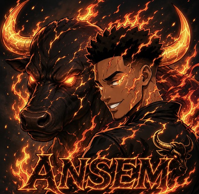 Anime-style digital artwork featuring a young man with glowing lava cracks on his skin standing alongside a fiery black bull with glowing orange eyes, surrounded by flames, with the text 'ANISEMT' in flame-styled lettering.