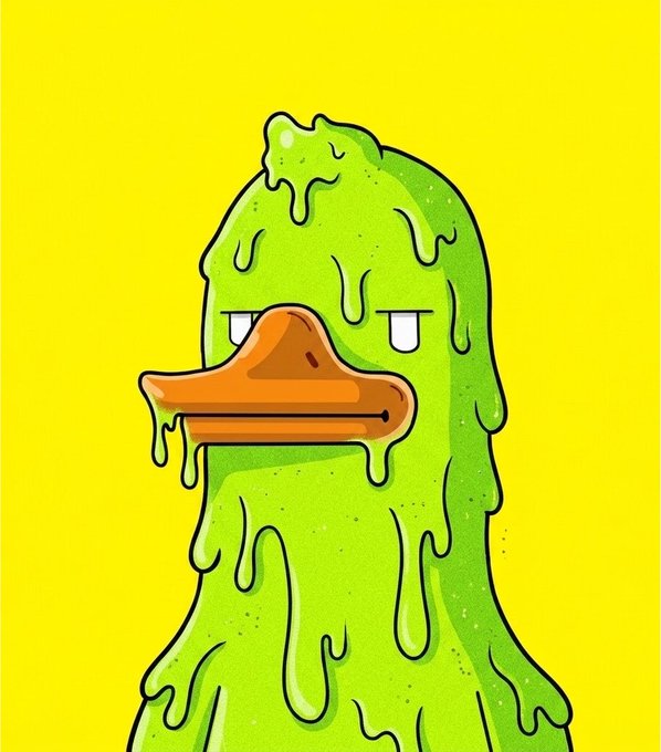 A cartoon illustration of a green, slime-dripping creature with a duck-like orange bill and half-closed eyes, set against a bright yellow background.