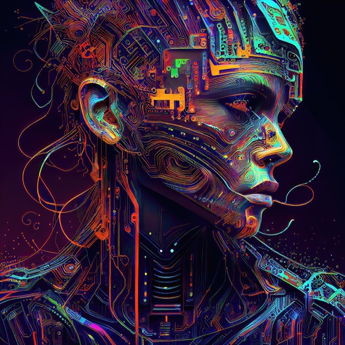 A vibrant, cyberpunk-style profile portrait of a humanoid head composed of intricate, glowing circuit board patterns in neon colors against a dark background.