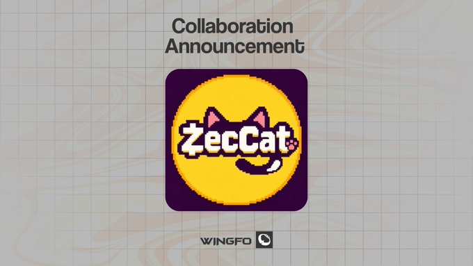 A pixelated cat logo reading "ZecCat" sits in the center of the image on a purple and yellow app icon, accompanied by the header "Collaboration Announcement" and the "WINGFO" logo at the bottom, serving as the visual branding for the announced collaboration featuring 3,333 ZRC-721 JSON inscriptions with TBA mint details.