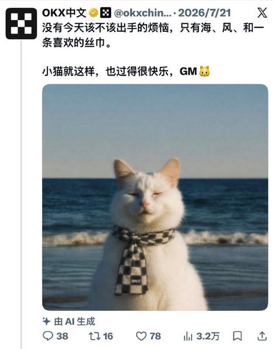 A screenshot of an OKX Chinese social media post featuring an AI-generated image of a white cat wearing a checkered scarf with eyes closed at the beach, with text saying "没有今天该不该出手的烦恼，只有海、风、和一条喜欢的丝巾" (No worries about whether to act today, just the sea, wind, and a beloved scarf). The caption connects this cat imagery to the broader trend of blockchain ecosystems developing their own native cat-themed meme tokens like $XCAT for XLayer, $CASHCAT for RobinhoodChain, $BASECAT for Base, and $CATE for Solana.