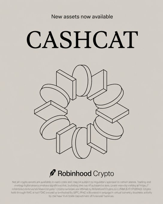 A Robinhood Crypto promotional image announcing 'New assets now available' for CASHCAT, featuring a 3D geometric logo composed of stacked cylindrical and rectangular shapes.