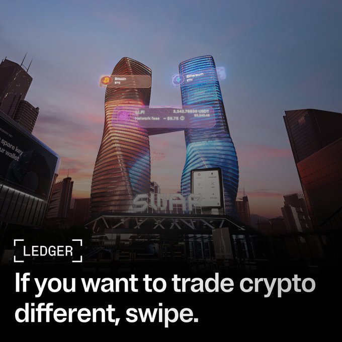The image shows a cityscape with two tall buildings, one of which has a digital display. In the background, there are signs for various businesses, including "EDGER", indicating that this might be a trading platform or marketplace for cryptocurrency-related services. The text in the image reads: "If you want to trade crypto. If you want different. Free from compromise." This phrase emphasizes the idea of exploring new markets and financial opportunities through cryptocurrency trading.
