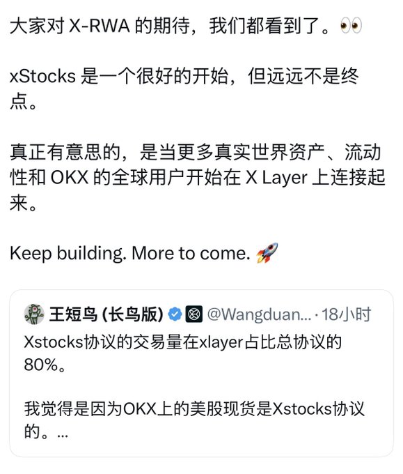 A Chinese text post discussing 'X-RWA' and 'xStocks', mentioning OKX, X Layer, and quoting a user @Wangduan about Xstocks protocol trading volume.