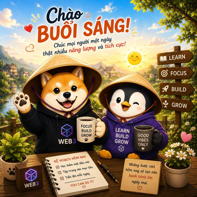 The image features two cute cartoon animals—a Shiba Inu dog and a penguin—wearing Vietnamese conical hats (nón lá) at a sunny morning scene with "Chào Buổi Sáng!" greeting and motivational signs reading "Learn, Focus, Build, Grow." They hold mugs with "Focus Build Grow" and "Good Vibes Only" while a notebook displays a daily plan, perfectly complementing the post's message about daily progress and self-improvement.