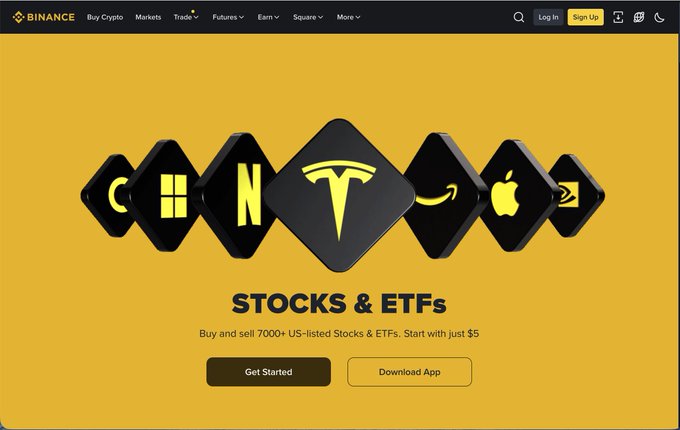 The image features a website for a stock trading platform called "Stocks & ETFs". The website displays a yellow background with black text that reads "Stocks & ETFs" at the top of the page, followed by a list of symbols representing different stocks and ETFs. There are also several icons on the page, including an apple, a teddy bear, and a computer mouse. The image is accompanied by a caption that provides information about the platform's features and fees.