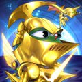 A small icon or logo features a golden armored figure or character against a blue background.