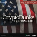 A cover or banner with an American flag background reading 'USA EDITION' and 'CryptoDrinks PORTSMOUTH' at the top, with small logos at the bottom.