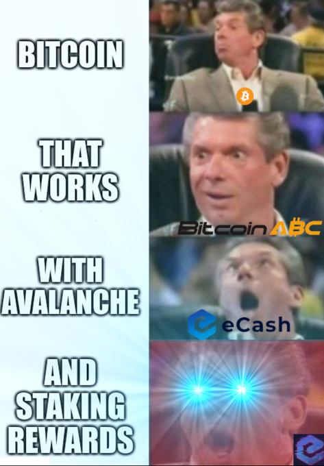 A meme using Vince McMahon's progressively excited face reactions to hype up 'BITCOIN THAT WORKS WITH AVALANCHE AND STAKING REWARDS', with logos for Bitcoin, Bitcoin ABC, eCash, and what appears to be SPOX/Bot Chain.