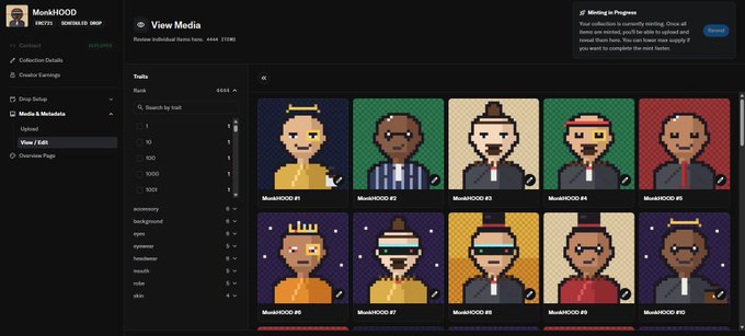 The image shows the OpenSea "View Media" page for the MonkHOOd NFT collection, displaying 10 pixel-art character thumbnails (MonkHOOd #1 through #10) with traits like "3,6666" and tags such as "accessory," "background," "eyes," "eyewear," "headwear," "mouth," "neck," and "skin." The interface confirms the collection is live on OpenSea as mentioned in the accompanying post about the MonkHOOd mint for early supporters and partner collections like Cashcat and StonkBroker.