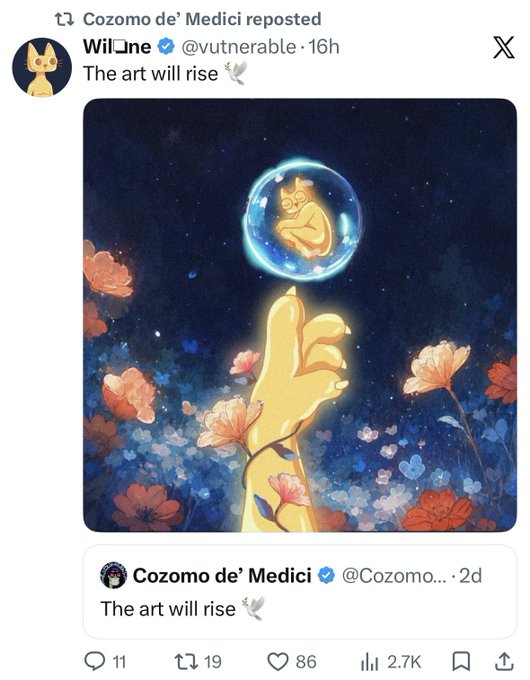 A social media repost shows an illustration of a hand reaching up toward a bubble containing a curled-up figure, surrounded by flowers, captioned 'The art will rise' by 'WilOne'.