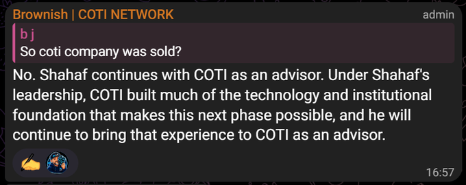 A Discord message in the 'Brownish | COTI NETWORK' channel where an admin clarifies that the COTI company was not sold and Shahaf continues as an advisor.