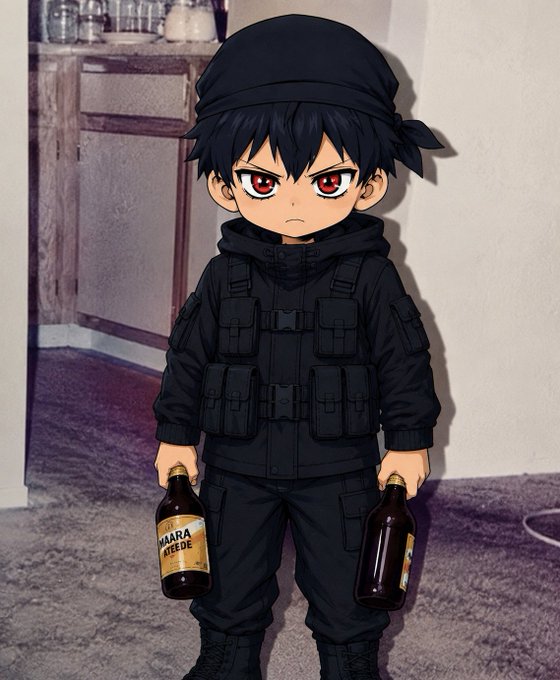 An anime-style chibi character with red eyes wearing black tactical gear and a bandana, holding two brown bottles labeled 'WARA MTEDE'.