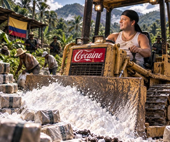 A stylized image shows a man driving a yellow bulldozer pushing a pile of white powder, with a 'Cocaine' Coca-Cola parody logo on the front of the vehicle, set in a tropical landscape with a Colombian flag in the background.