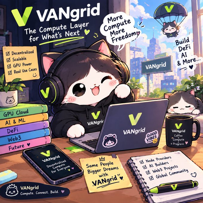An anime-style promotional illustration for VANgrid, featuring a cat character wearing headphones and a 'V' hoodie working at a laptop surrounded by tech-themed items and slogans like 'The Compute Layer for What's Next' and 'Decentralized, Scalable, GPU Power'.
