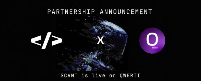 The image features a black background with white text that reads "Partnership Announcement" followed by an explanation of a new partnership between two companies, one being Qwerti AI and the other being $CVNT. The text also mentions that the partnership is now live on Qwerti.