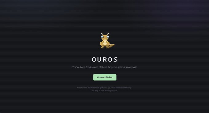 The OUROS platform homepage featuring a small orange creature mascot with the tagline 'You've been feeding one of these for years without knowing it.' and a 'Connect Wallet' button.