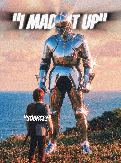 A small boy stands before a towering, gleaming knight in shining armor against a coastal backdrop, with the knight declaring "I MADE IT UP!" while the child skeptically asks "SOURCE?"—a witty visual pun on the $KNIGHT crypto meme, playfully illustrating the post's claim that "A $KNIGHT need no source."